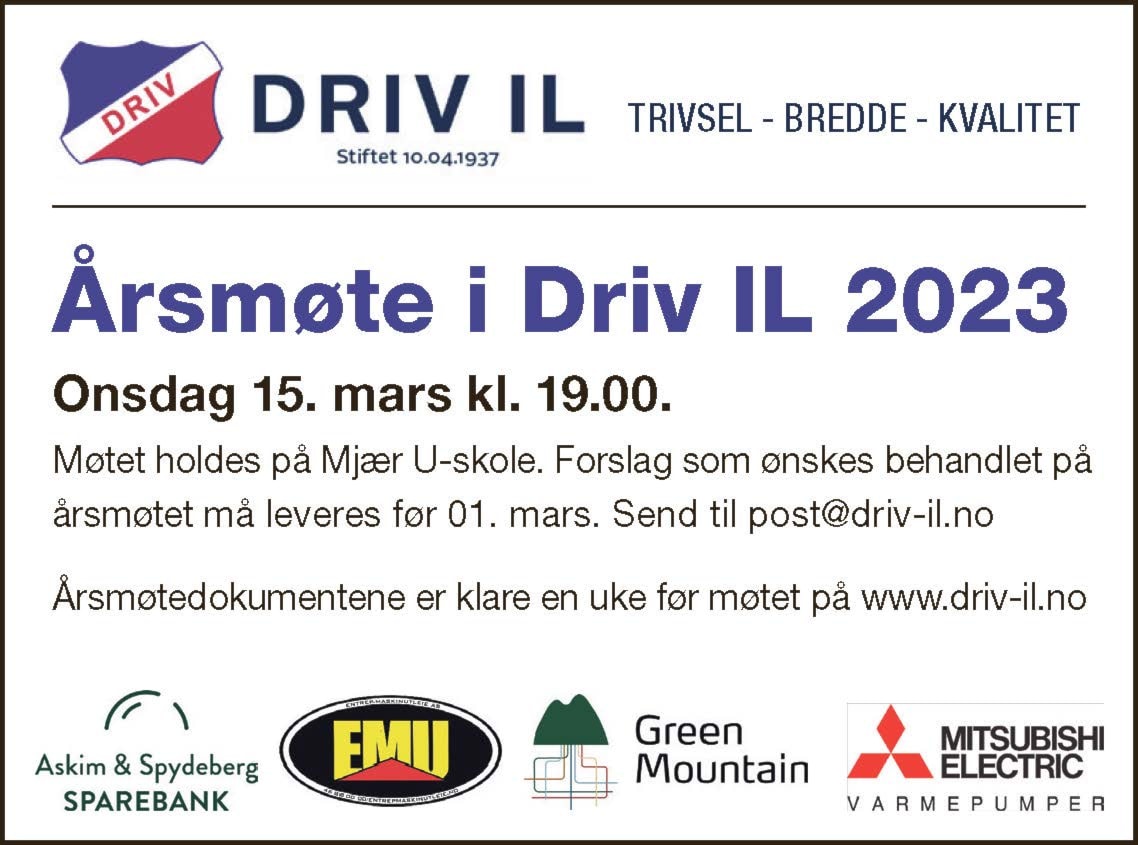 Årsmøte Driv IL onsdag 15.03.2023